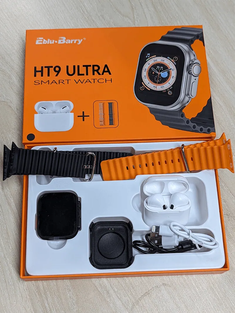 HT9 Ultra Smart Watch + TWS Combo With Double Strap- Black Color