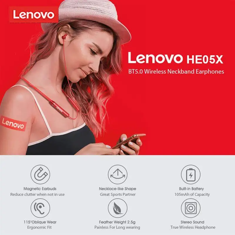 Lenovo HE05X Magnetic Neckband Bluetooth Earphone